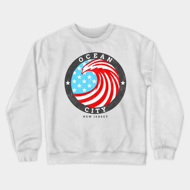 Ocean City, NJ Summertime Patriotic 4th Pride Surfing Crewneck Sweatshirt by Contentarama